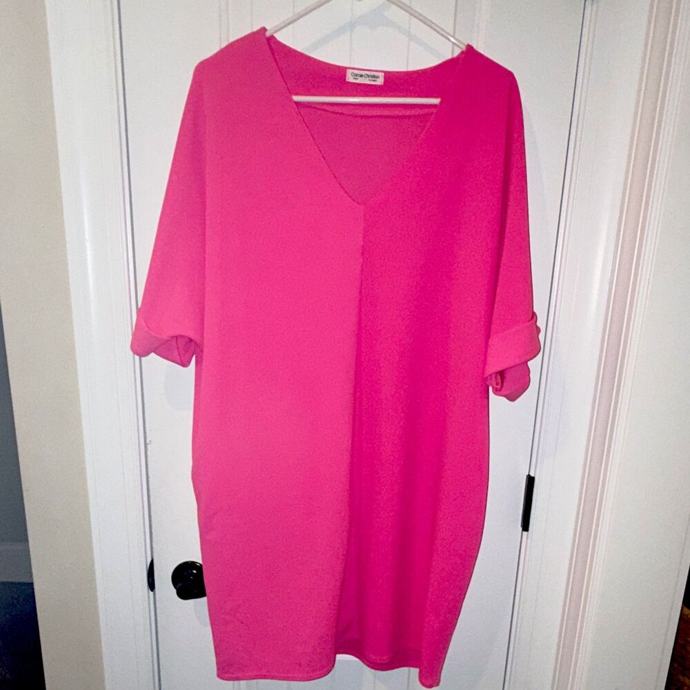 Carole Christian Hot Pink V-Neck Shift Dress Dolman Sleeve Large
